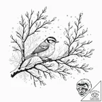 A whimsical bird on a branch with snow fallin… – tattoo sketch (№1753523709_0, 26.07.2025 09:55) — tattoovalue.net