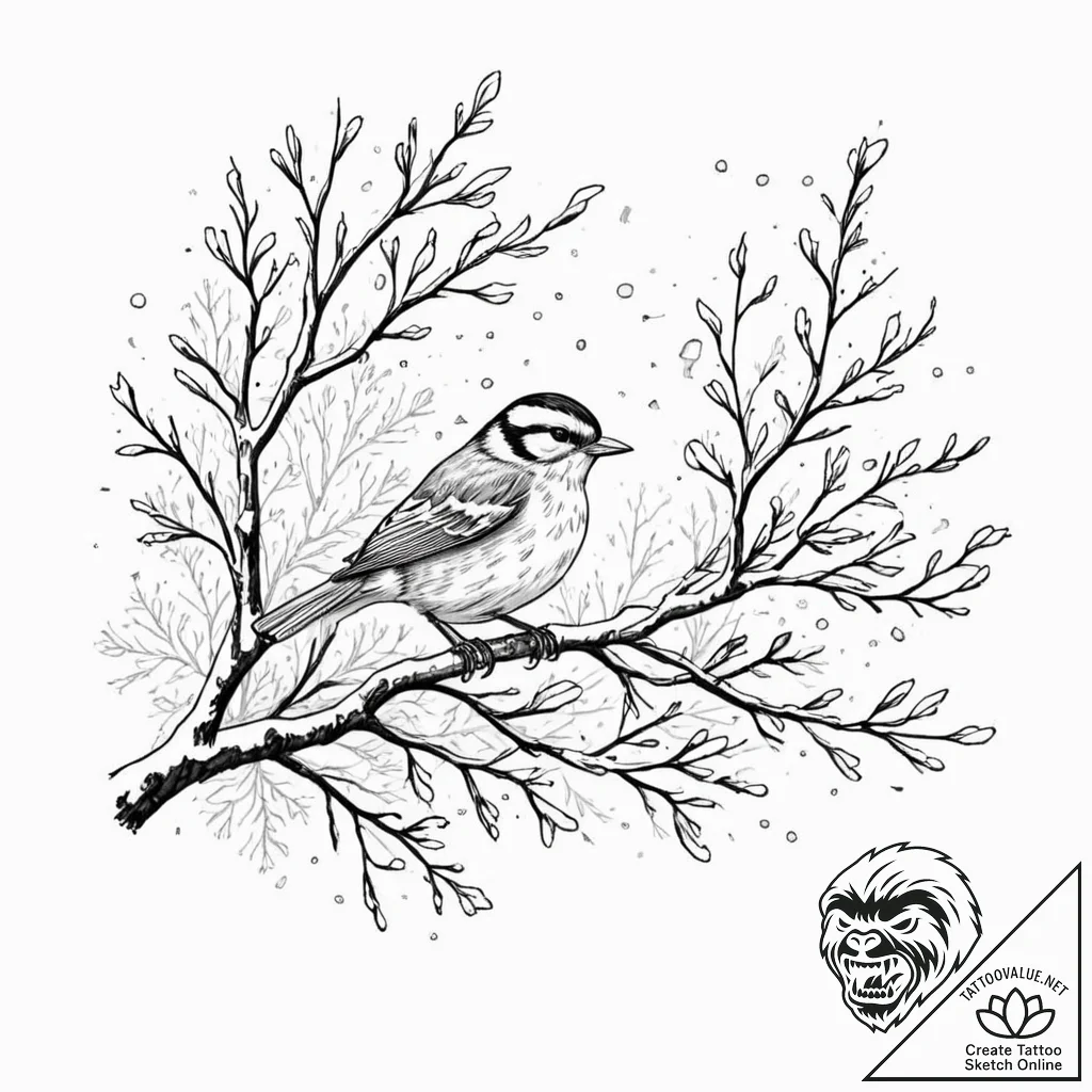 A whimsical bird on a branch with snow fallin... - tattoo sketch (№1753523709_0, 26.07.2025 09:55) — tattoovalue.net