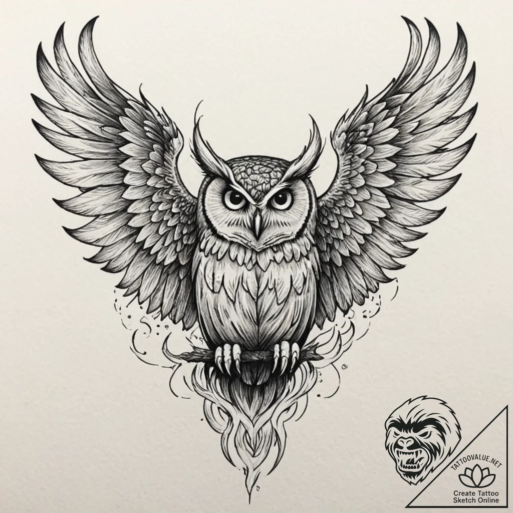 Owl wings devouring celestial flame, tattoo f... - tattoo sketch (№1753524498_0, 26.07.2025 10:08) — tattoovalue.net