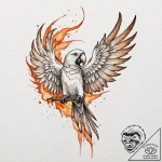 Parrot with plumage of fire and embers, artis… – tattoo sketch (№1753525301_0, 26.07.2025 10:21) — tattoovalue.net