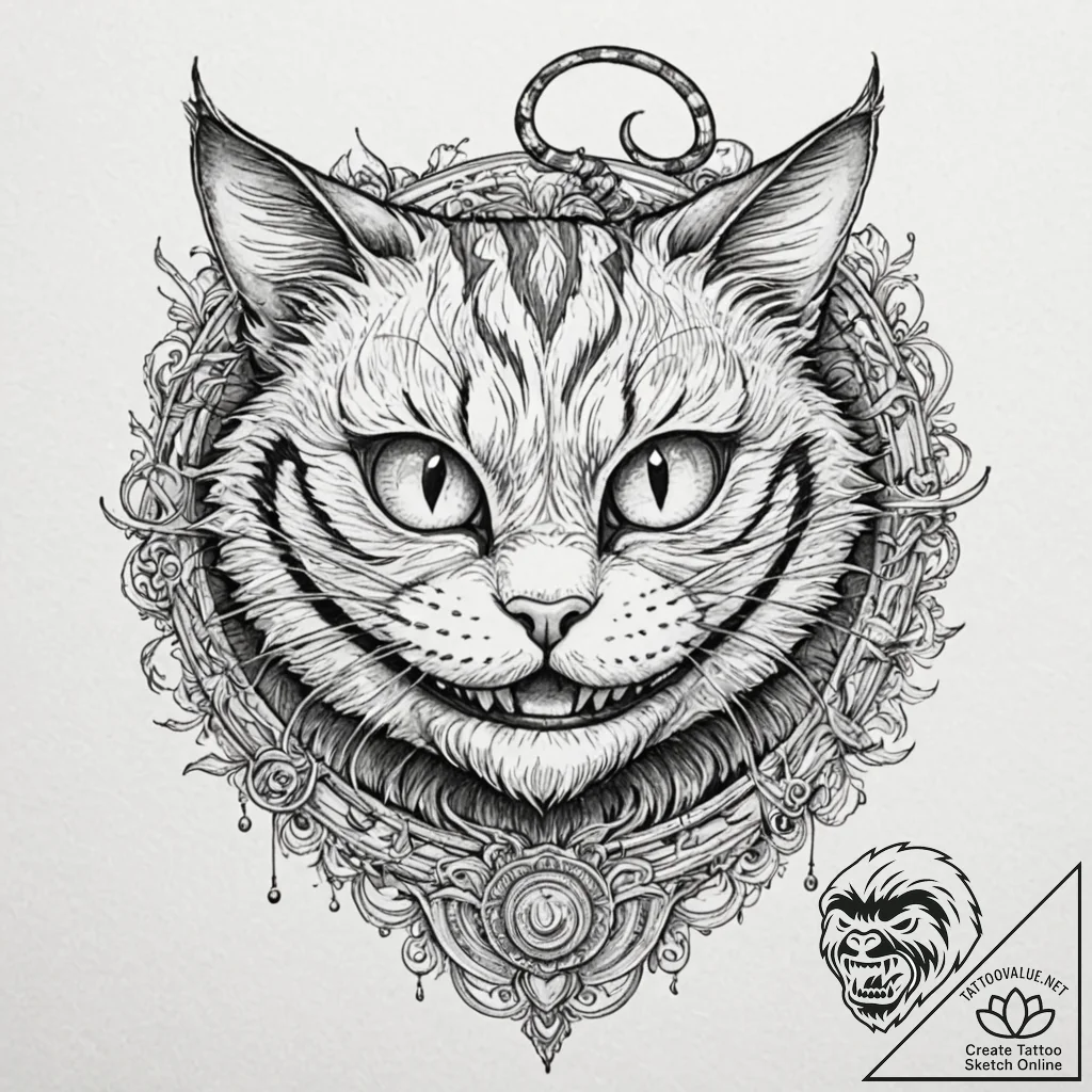 Cheshire cat, concept art for tattoo, dynamic... - tattoo sketch (№1753525879_0, 26.07.2025 10:31) — tattoovalue.net
