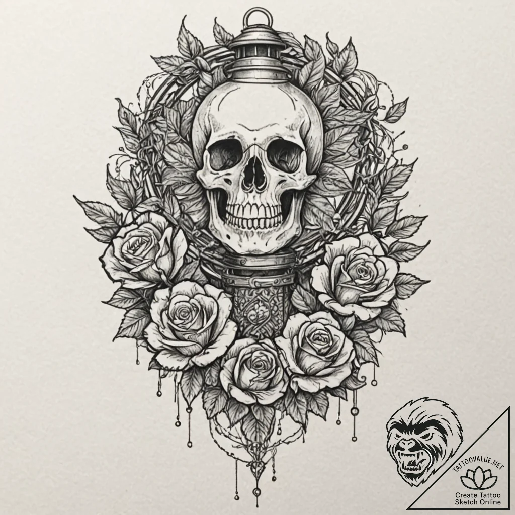 Lantern chained to spectral tree, ink illustr... - tattoo sketch (№1753526654_0, 26.07.2025 10:44) — tattoovalue.net