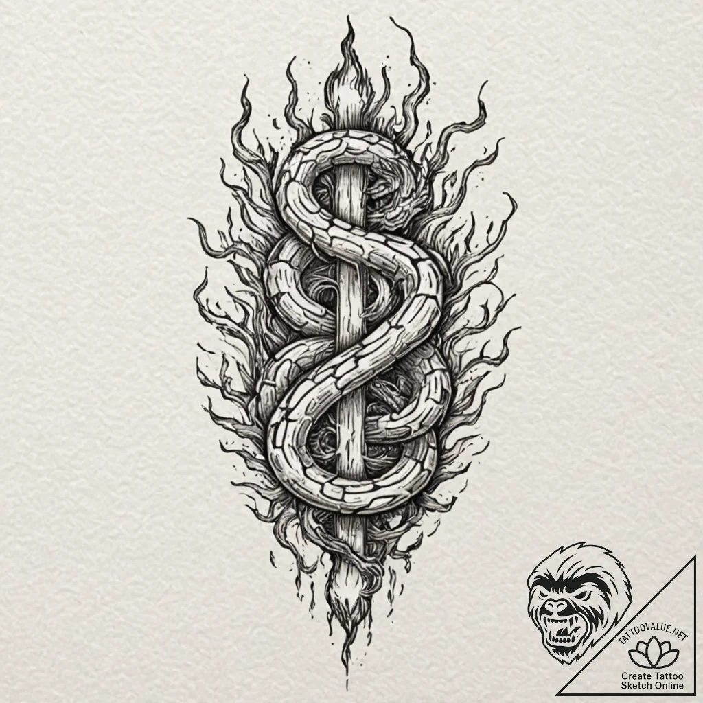 Flaming serpent devouring roots, tattoo sketc... - tattoo sketch (№1753527822_0, 26.07.2025 11:03) — tattoovalue.net
