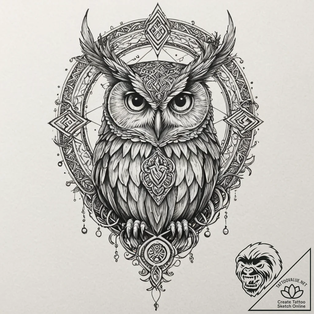 Arcane owl with rune eyes, ink illustration f... - tattoo sketch (№1753528025_0, 26.07.2025 11:07) — tattoovalue.net
