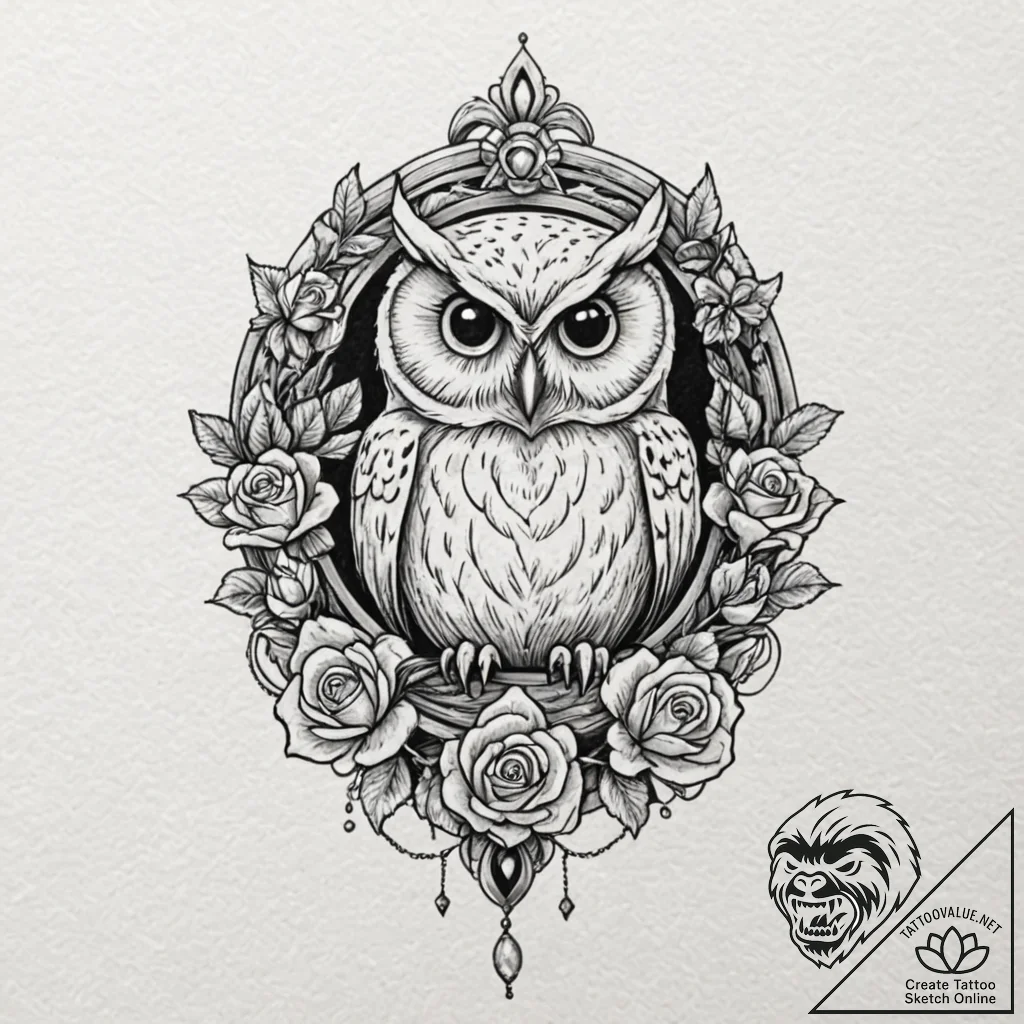 Owl pendant hanging from chain, tattoo drawin... - tattoo sketch (№1753528822_0, 26.07.2025 11:20) — tattoovalue.net