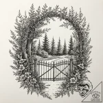 Garden gate, slightly ajar, with an enchanted… – tattoo sketch (№1753529822_0, 26.07.2025 11:37) — tattoovalue.net