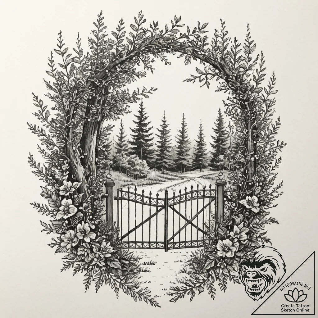 Garden gate, slightly ajar, with an enchanted... - tattoo sketch (№1753529822_0, 26.07.2025 11:37) — tattoovalue.net