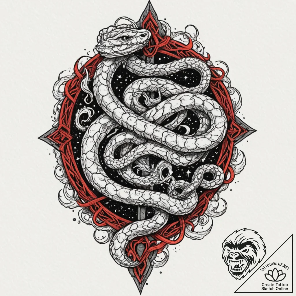 Nebula serpent circling bone gate, tattoo dra... - tattoo sketch (№1753530600_0, 26.07.2025 11:50) — tattoovalue.net