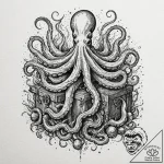 Sunken treasure chest guarded by an octopus,… – tattoo sketch (№1753531568_0, 26.07.2025 12:06) — tattoovalue.net