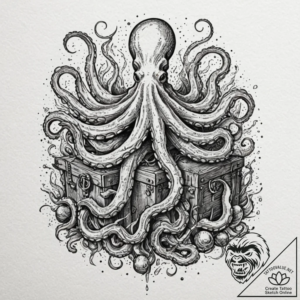 Sunken treasure chest guarded by an octopus,... - tattoo sketch (№1753531568_0, 26.07.2025 12:06) — tattoovalue.net