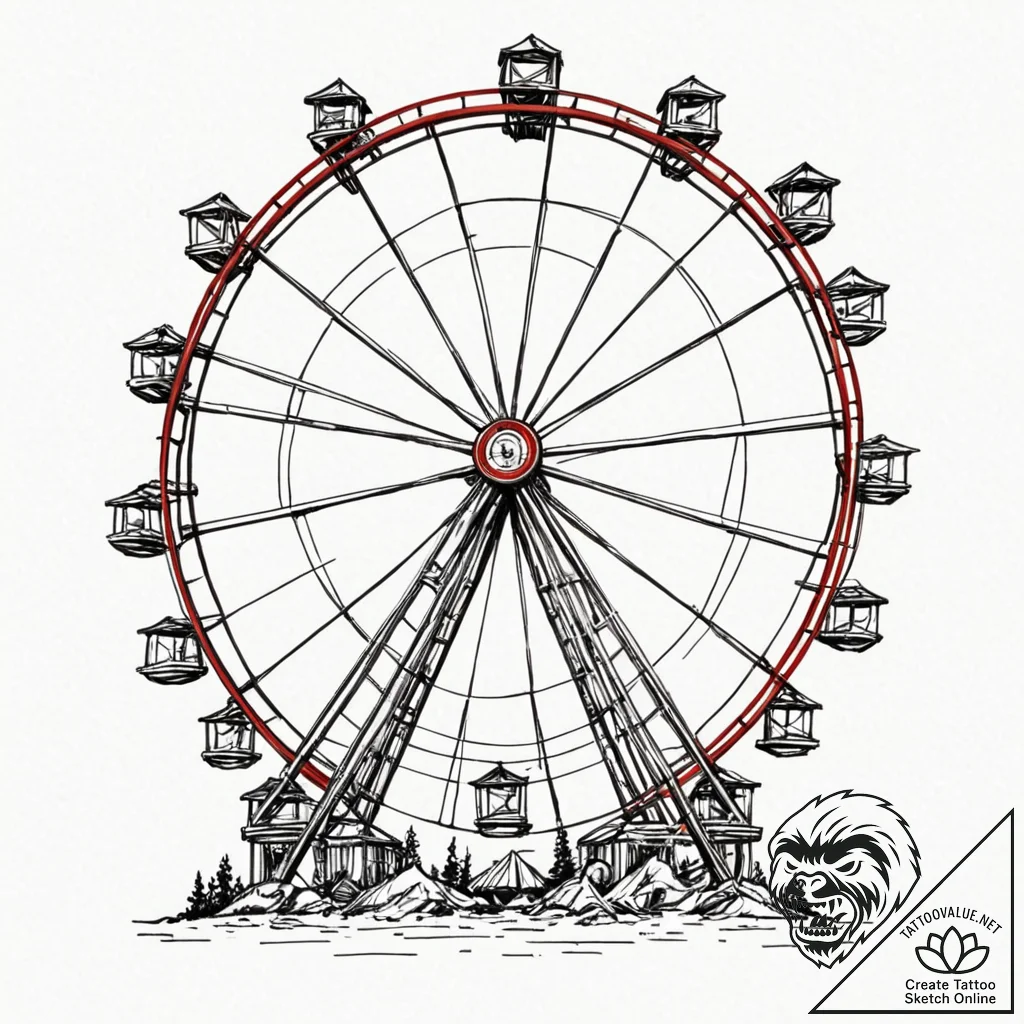Ferris wheel, artistic tattoo sketch, on a cl... - tattoo sketch (№1753532344_0, 26.07.2025 12:19) — tattoovalue.net