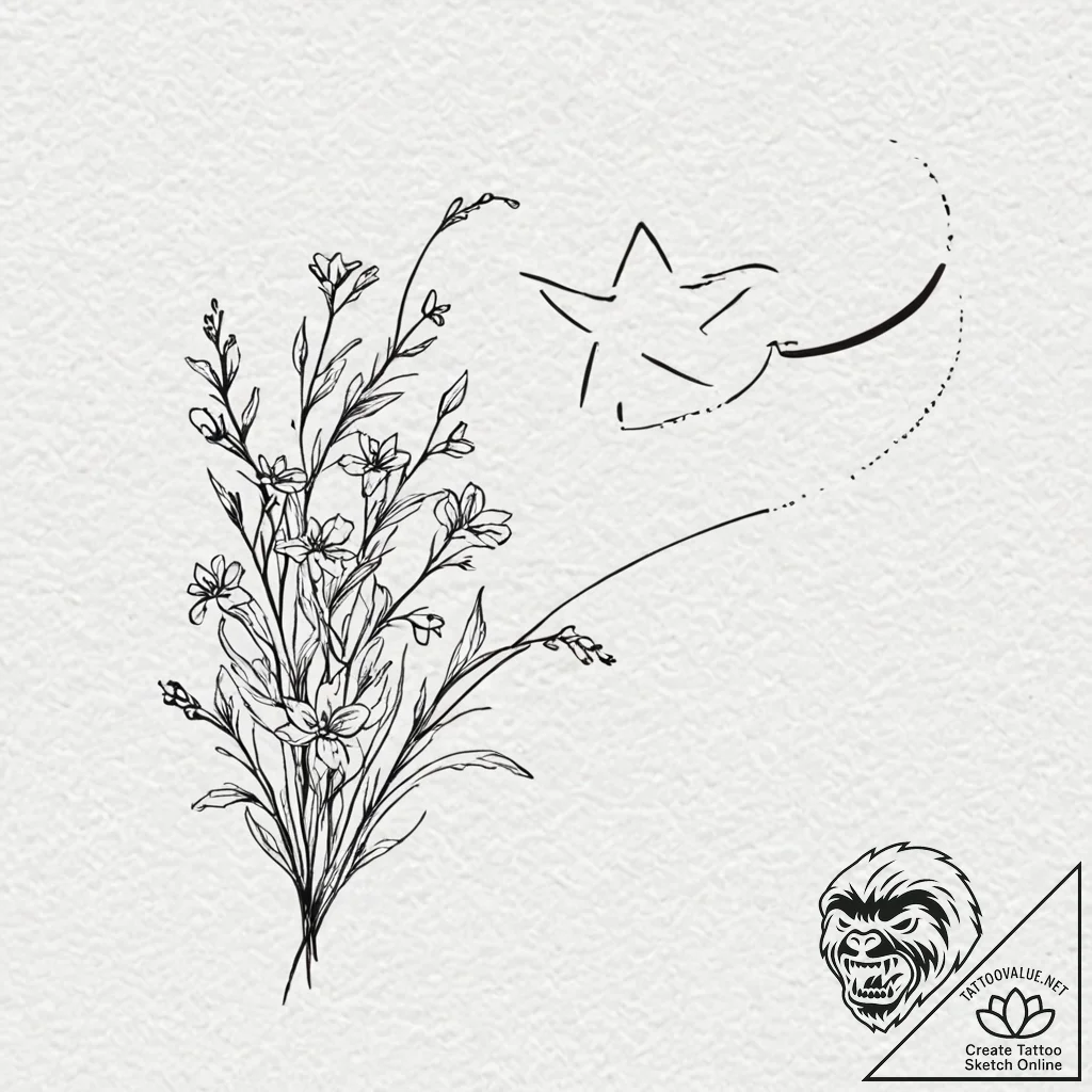 Shooting star leaving a trail of forget-me-no... - tattoo sketch (№1753532546_0, 26.07.2025 12:22) — tattoovalue.net