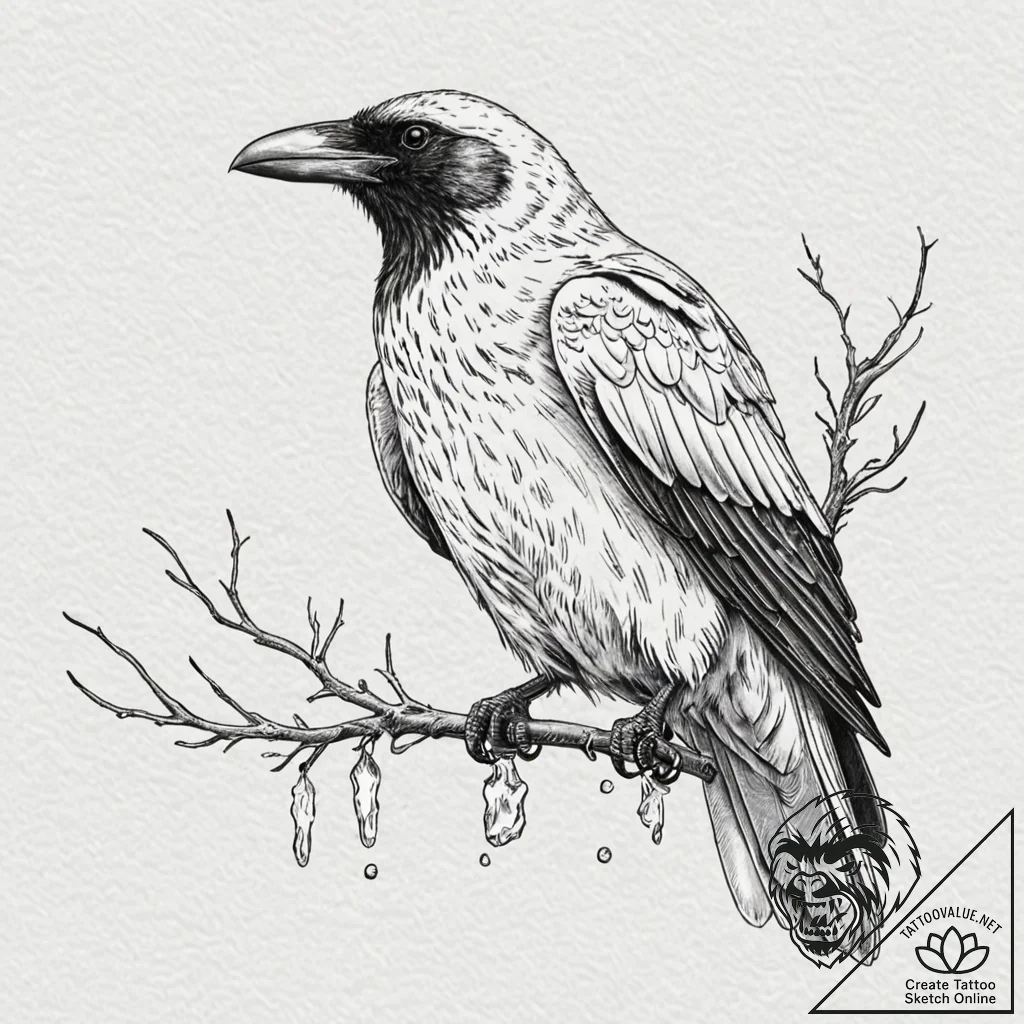 Arctic raven with ice-tipped feathers, artist... - tattoo sketch (№1753534328_0, 26.07.2025 12:52) — tattoovalue.net