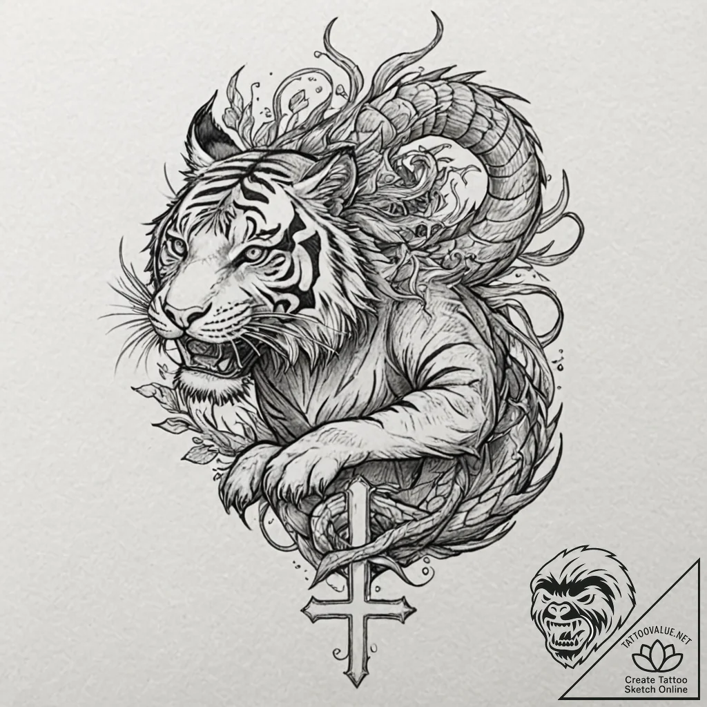 Tiger and dragon, tattoo drawing outline, on... - tattoo sketch (№1753534925_0, 26.07.2025 13:02) — tattoovalue.net