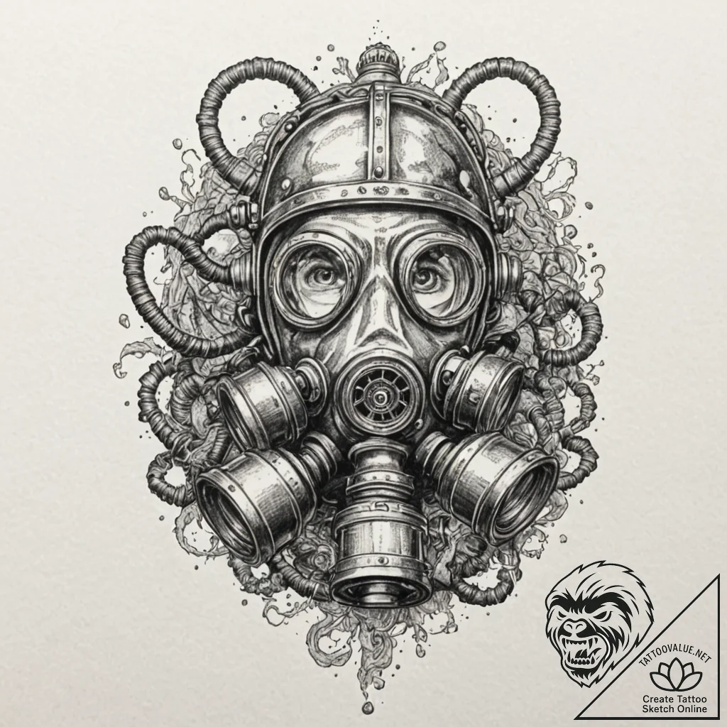 Gas mask connected to a pair of rusted, indus... - tattoo sketch (№1753535740_0, 26.07.2025 13:15) — tattoovalue.net