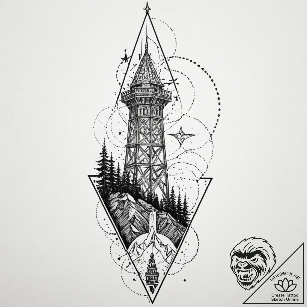Starfall behind broken tower, tattoo drawing... - tattoo sketch (№1753536526_0, 26.07.2025 13:28) — tattoovalue.net
