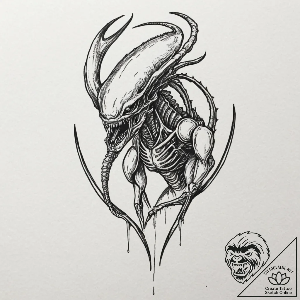 A xenomorph from alien, artistic tattoo sketc... - tattoo sketch (№1753537920_0, 26.07.2025 13:52) — tattoovalue.net