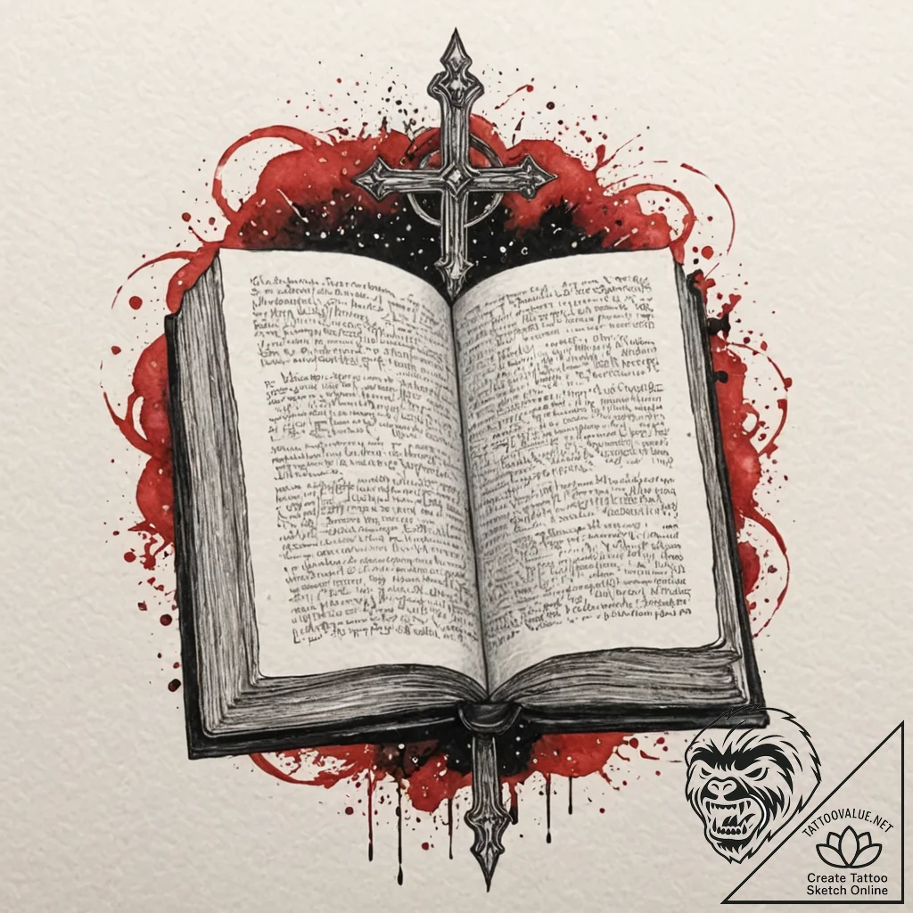 An ancient grimoire open on a lectern, pages... - tattoo sketch (№1753538326_0, 26.07.2025 13:58) — tattoovalue.net