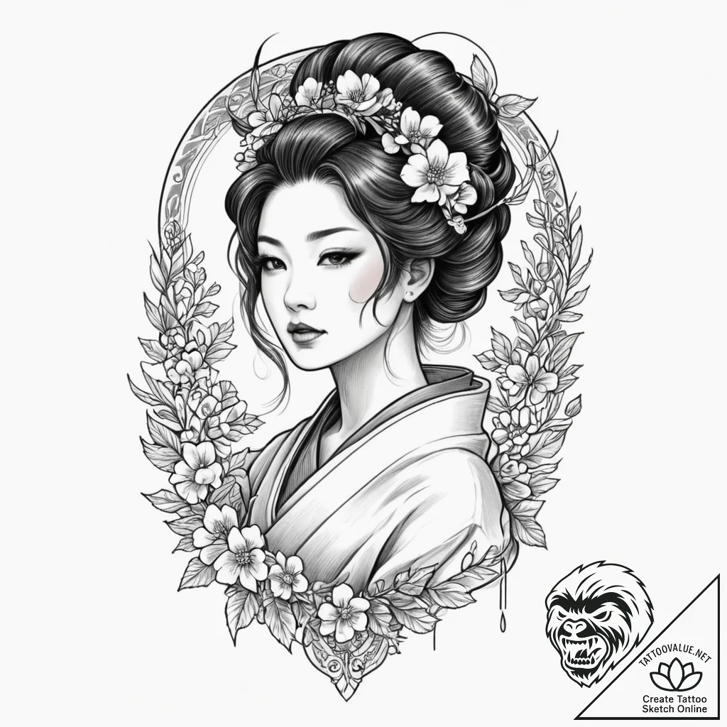 Geisha, tattoo flash sheet design, neo tradit... - tattoo sketch (№1753539112_0, 26.07.2025 14:11) — tattoovalue.net
