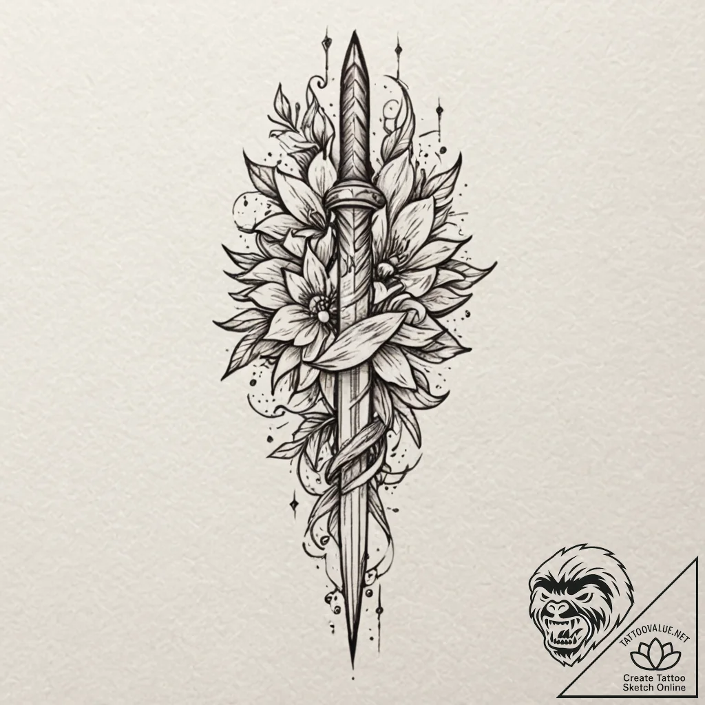 Glyph-etched dagger beneath celestial bloom,... - tattoo sketch (№1753540111_0, 26.07.2025 14:28) — tattoovalue.net