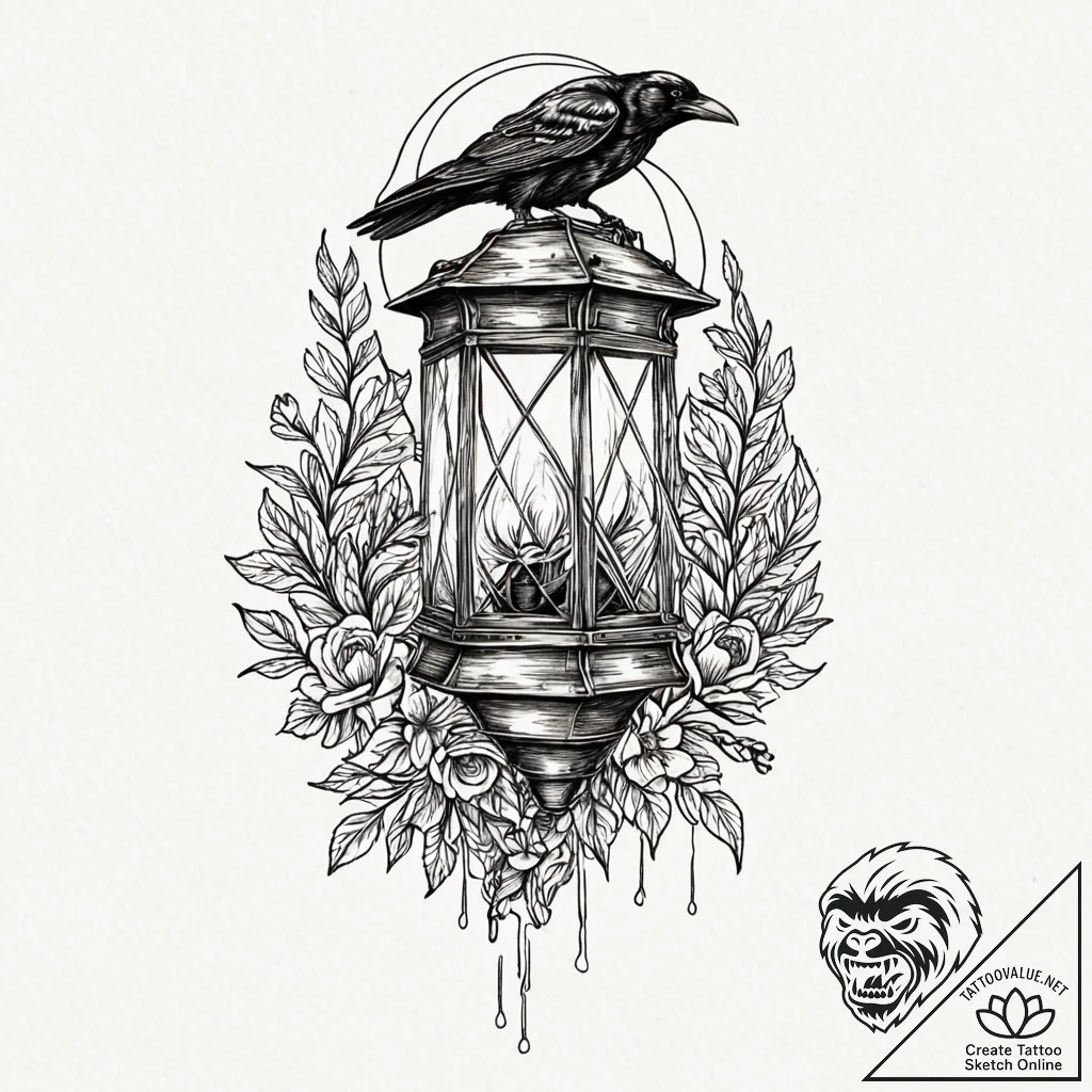 Bone lantern carried by raven, tattoo sketch... - tattoo sketch (№1753540500_0, 26.07.2025 14:35) — tattoovalue.net