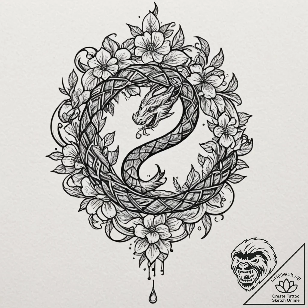 Iron serpent circling celestial bloom, tattoo... - tattoo sketch (№1753542109_0, 26.07.2025 15:01) — tattoovalue.net