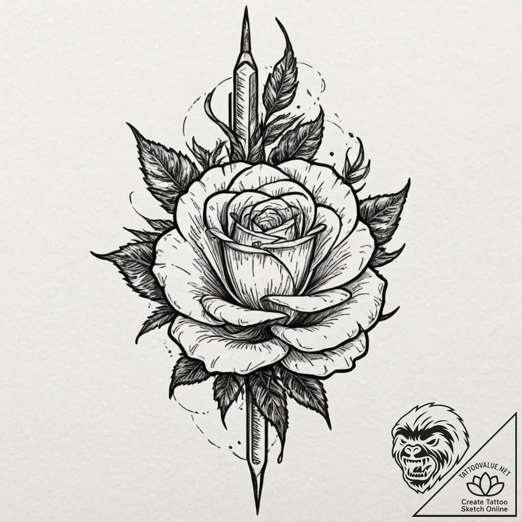 Dagger pierced through rose, tattoo line art,... - tattoo sketch (№1753543299_0, 26.07.2025 15:21) — tattoovalue.net