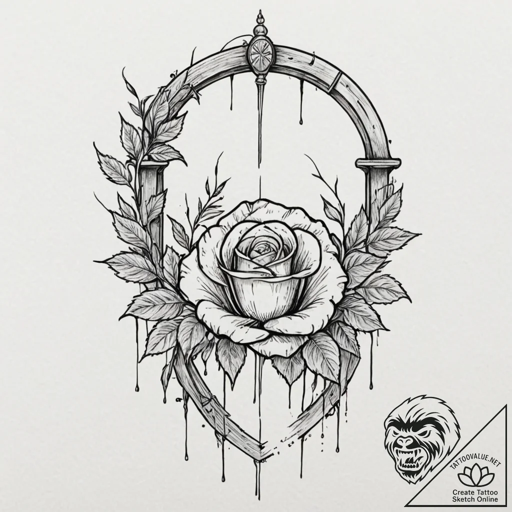 Harrowed rose beneath bone gate, ink illustra... - tattoo sketch (№1753543884_0, 26.07.2025 15:31) — tattoovalue.net