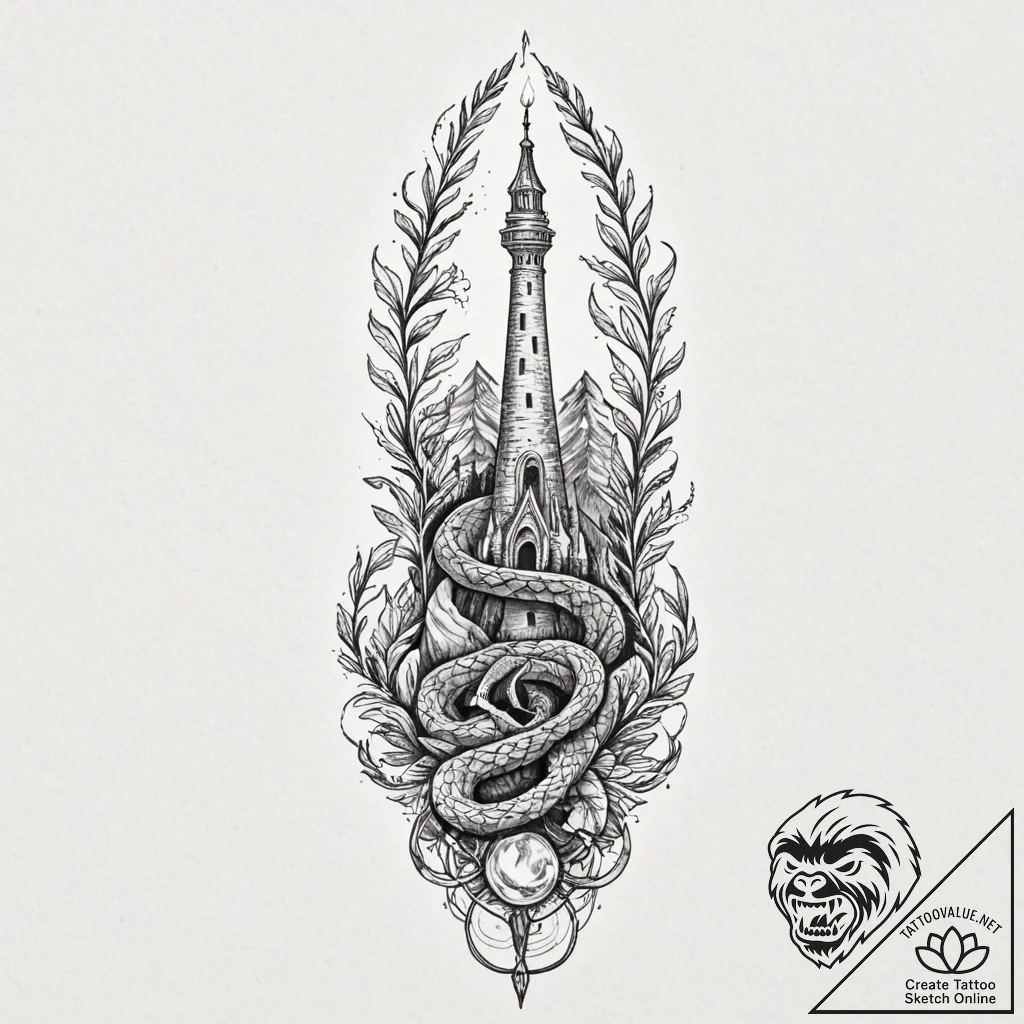 Hollow serpent beneath spectral spire, tattoo... - tattoo sketch (№1753544874_0, 26.07.2025 15:47) — tattoovalue.net