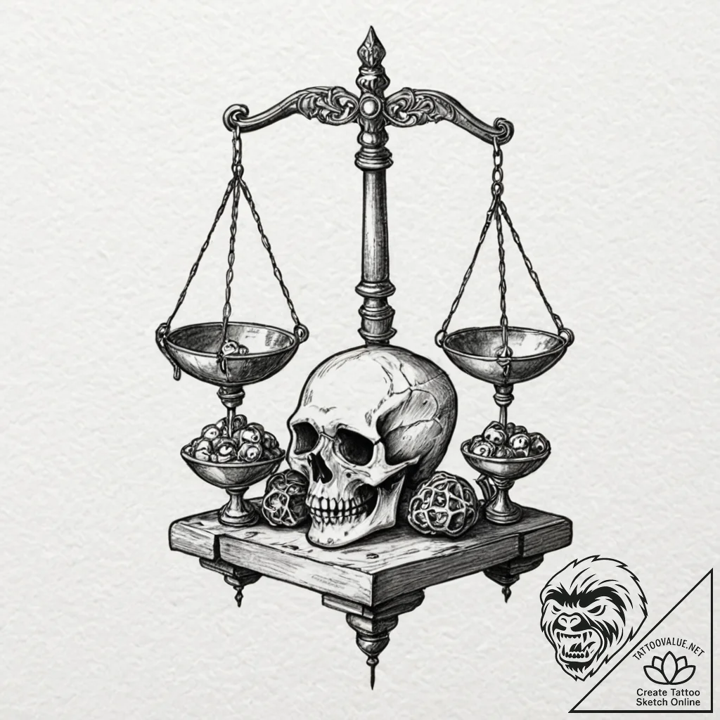 Alchemy scales with skull weights, artistic t... - tattoo sketch (№1753545076_0, 26.07.2025 15:51) — tattoovalue.net