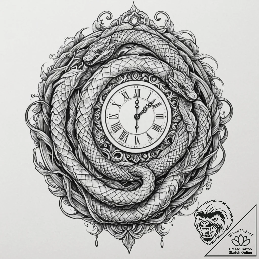 Ice serpent coiling through timepiece, concep... - tattoo sketch (№1753545667_0, 26.07.2025 16:01) — tattoovalue.net