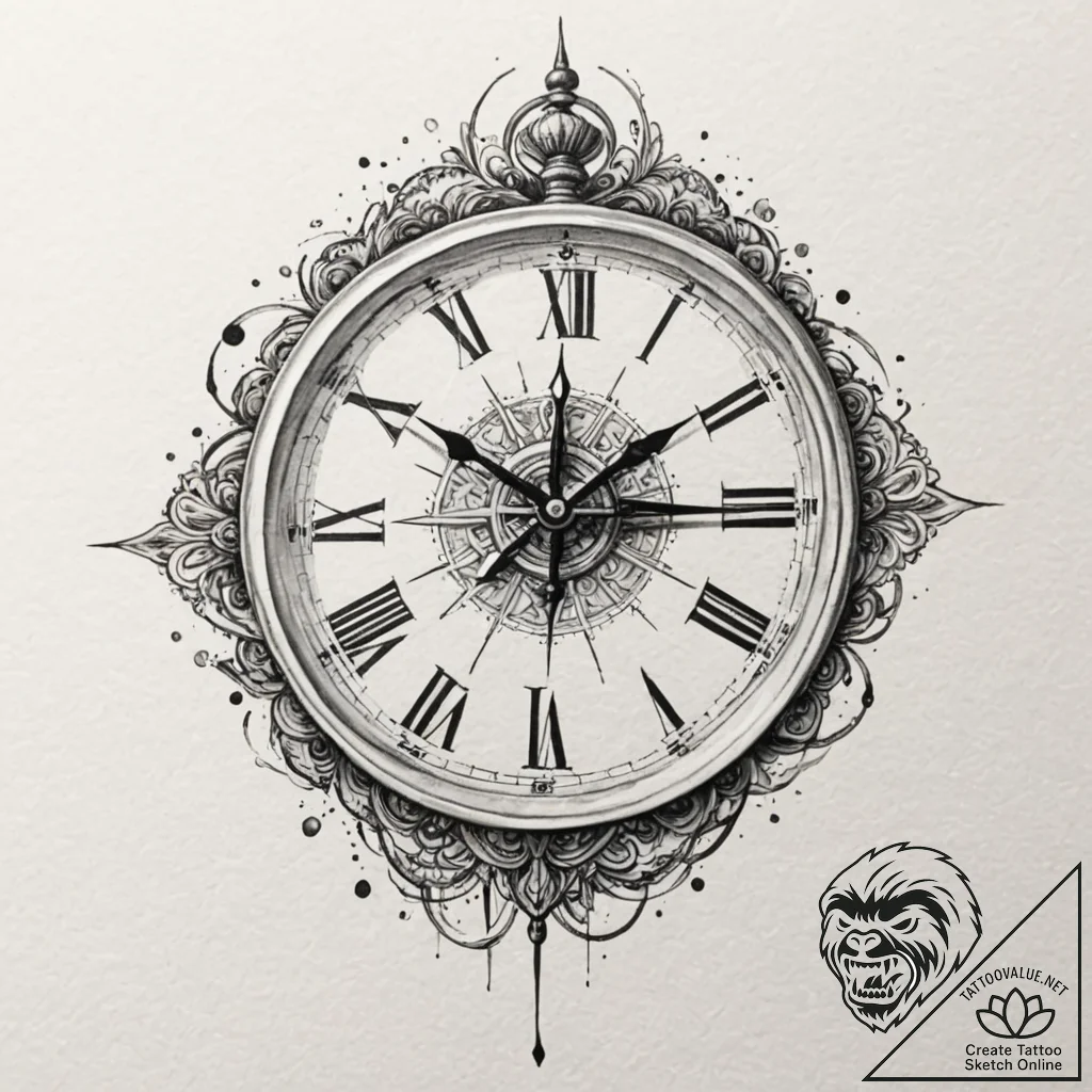 Clock face with spectral hands, concept art f... - tattoo sketch (№1753546664_0, 26.07.2025 16:17) — tattoovalue.net