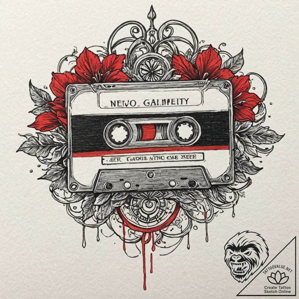 A retro cassette tape unspooling, tattoo flas... - tattoo sketch (№1753546864_0, 26.07.2025 16:21) — tattoovalue.net