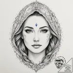 Goddess’s face, half hidden by a veil of star… – tattoo sketch (№1753547453_0, 26.07.2025 16:30) — tattoovalue.net