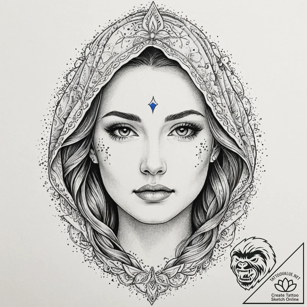 Goddess's face, half hidden by a veil of star... - tattoo sketch (№1753547453_0, 26.07.2025 16:30) — tattoovalue.net