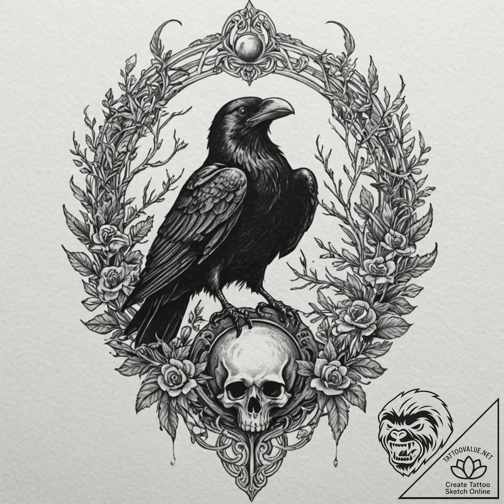 Art nouveau raven perched on skull, ink illus... - tattoo sketch (№1753547643_0, 26.07.2025 16:34) — tattoovalue.net