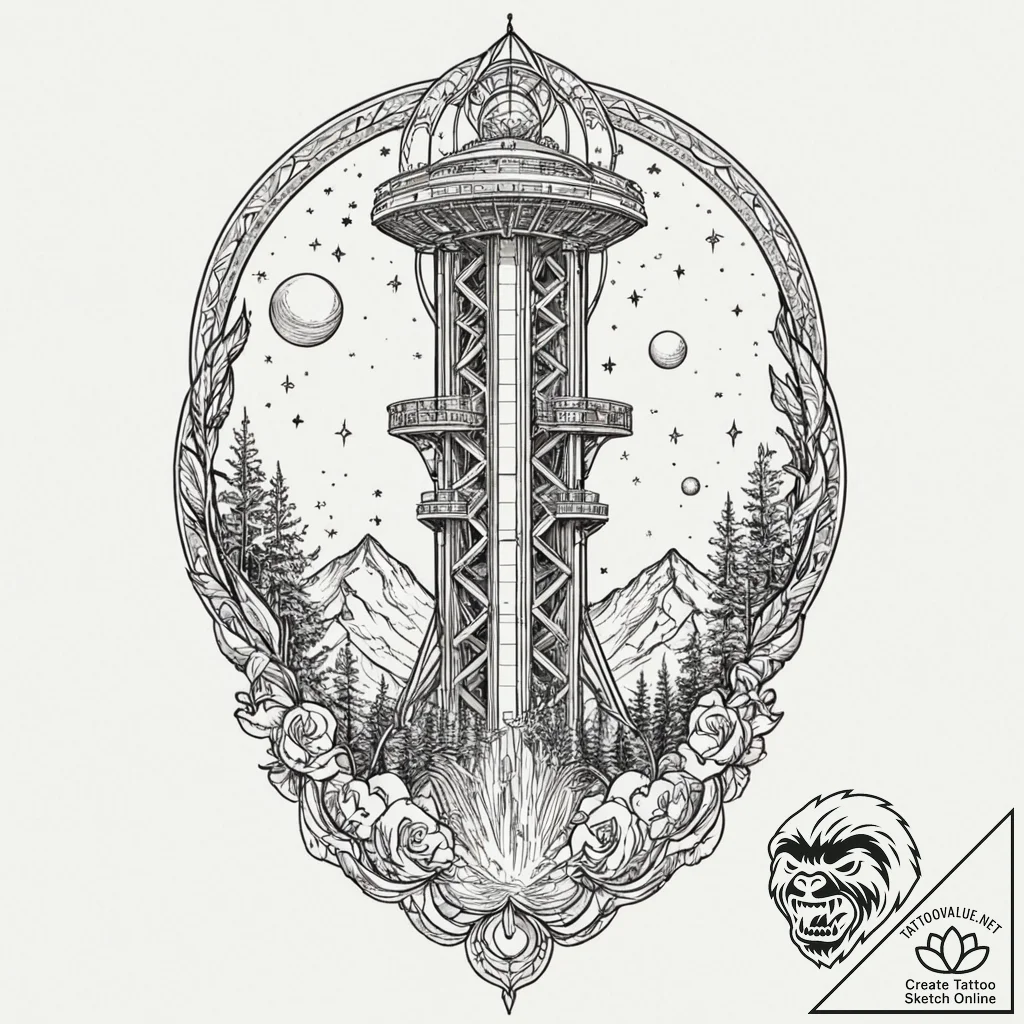 A space elevator, tattoo flash sheet design,... - tattoo sketch (№1753548044_0, 26.07.2025 16:40) — tattoovalue.net