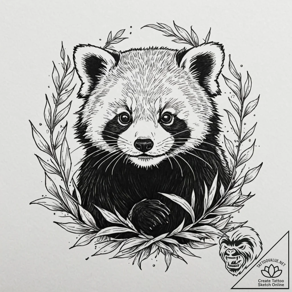 Red panda curled around a sprig of bamboo, ta... - tattoo sketch (№1753549572_0, 26.07.2025 17:06) — tattoovalue.net