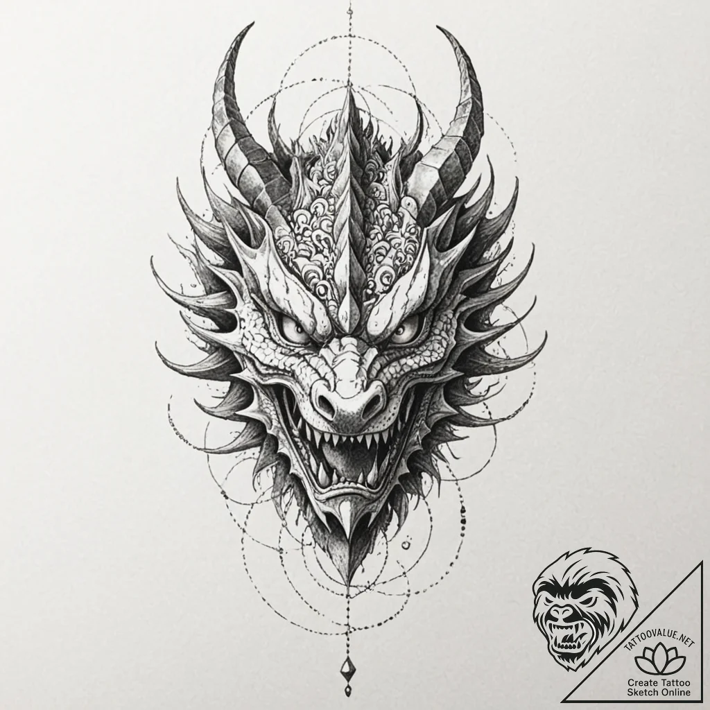 Dragon mask forged from iron, ink illustratio... - tattoo sketch (№1753550143_0, 26.07.2025 17:15) — tattoovalue.net