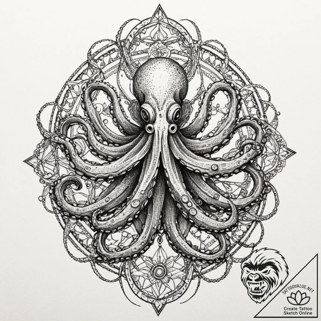 Octopus with each tentacle holding a differen... - tattoo sketch (№1753550335_0, 26.07.2025 17:18) — tattoovalue.net