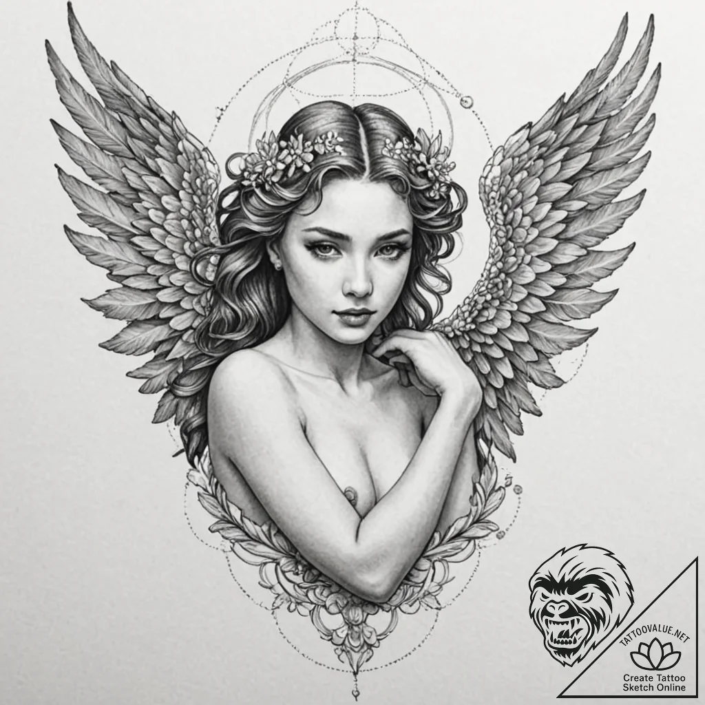 Angel, artistic tattoo sketch, highly detaile... - tattoo sketch (№1753550910_0, 26.07.2025 17:28) — tattoovalue.net