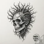 Oak roots devouring broken helm, tattoo drawi… – tattoo sketch (№1753551101_0, 26.07.2025 17:31) — tattoovalue.net
