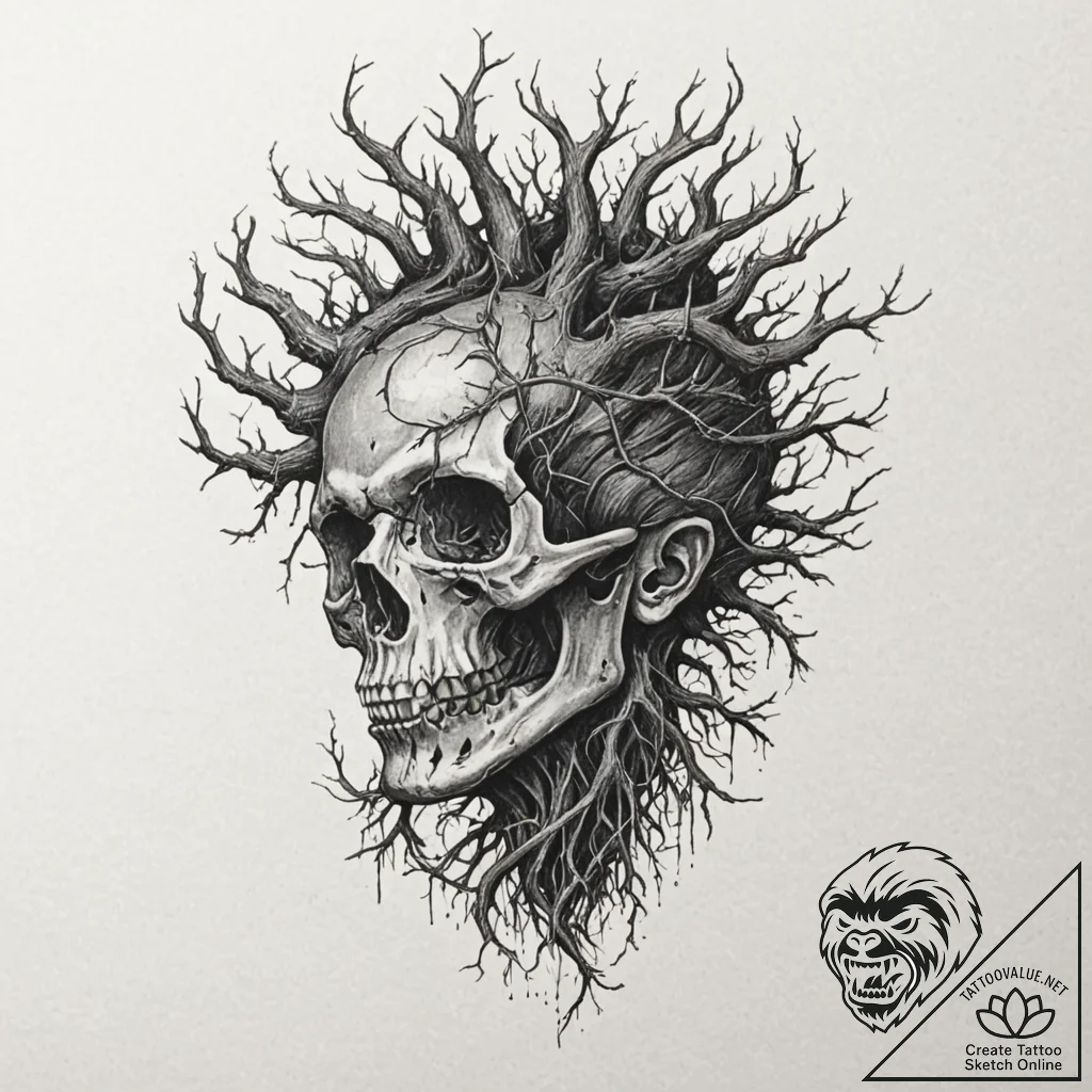 Oak roots devouring broken helm, tattoo drawi... - tattoo sketch (№1753551101_0, 26.07.2025 17:31) — tattoovalue.net