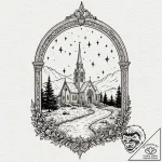 Arched cathedral window opening to a field of… – tattoo sketch (№1753552435_0, 26.07.2025 17:53) — tattoovalue.net