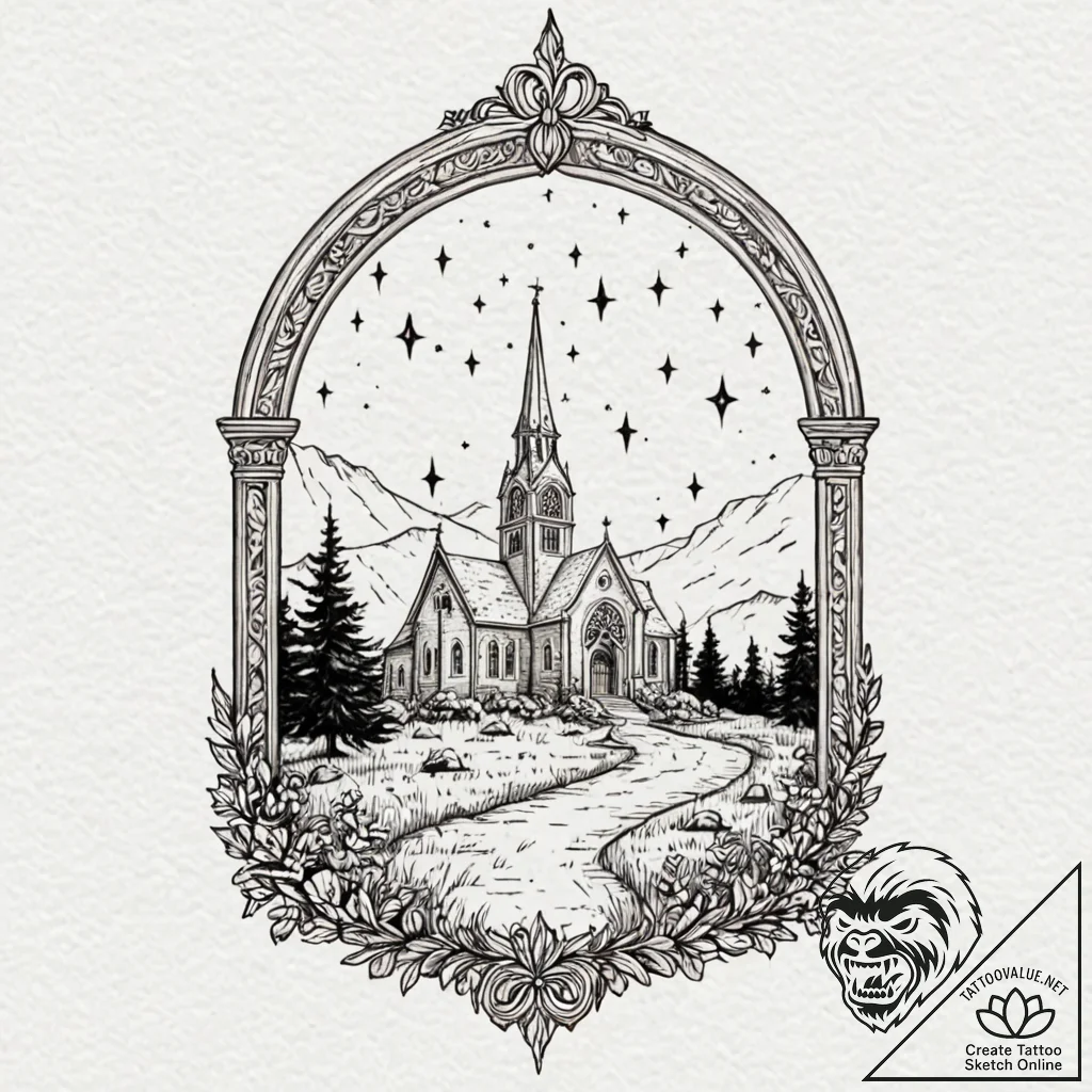 Arched cathedral window opening to a field of... - tattoo sketch (№1753552435_0, 26.07.2025 17:53) — tattoovalue.net