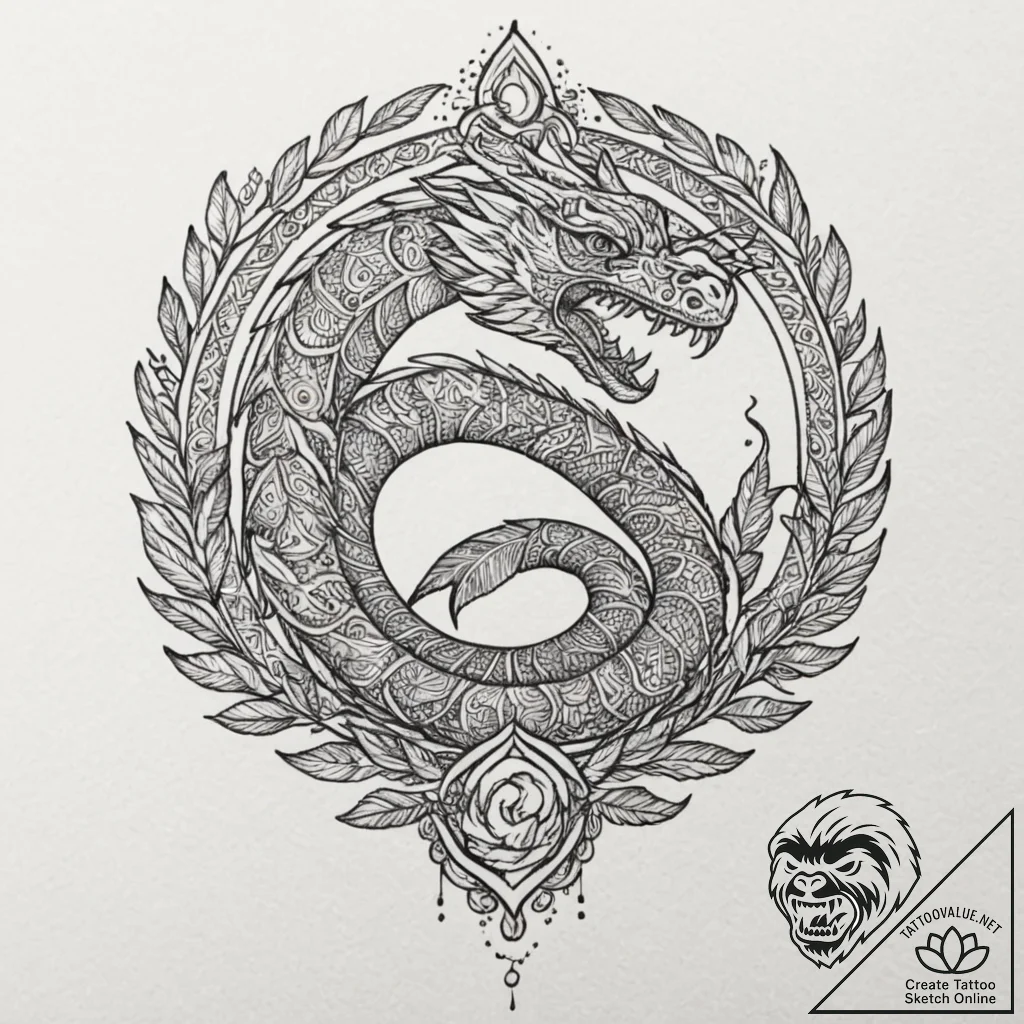 Feathered serpent through celestial gate, tat... - tattoo sketch (№1753553007_0, 26.07.2025 18:03) — tattoovalue.net