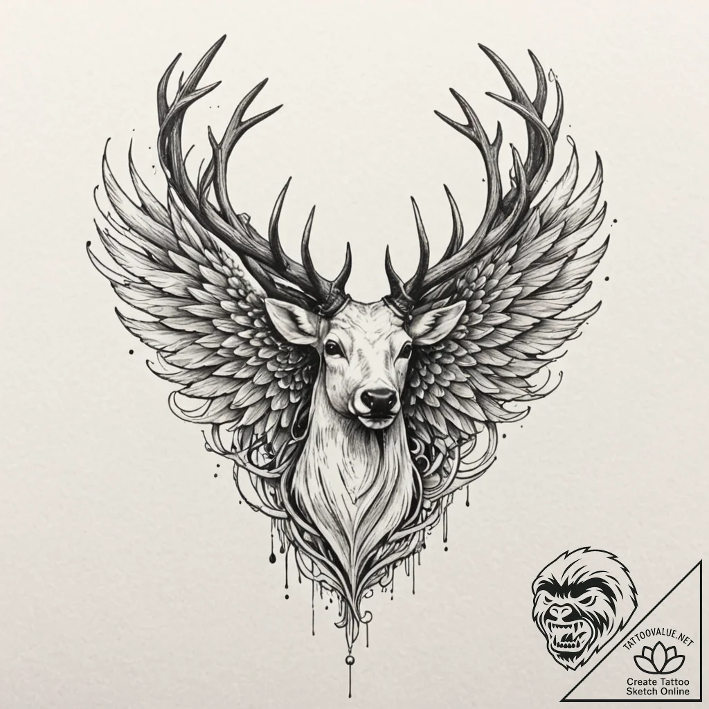 Angelic stag with wings, tattoo line art, sof... - tattoo sketch (№1753553197_0, 26.07.2025 18:06) — tattoovalue.net