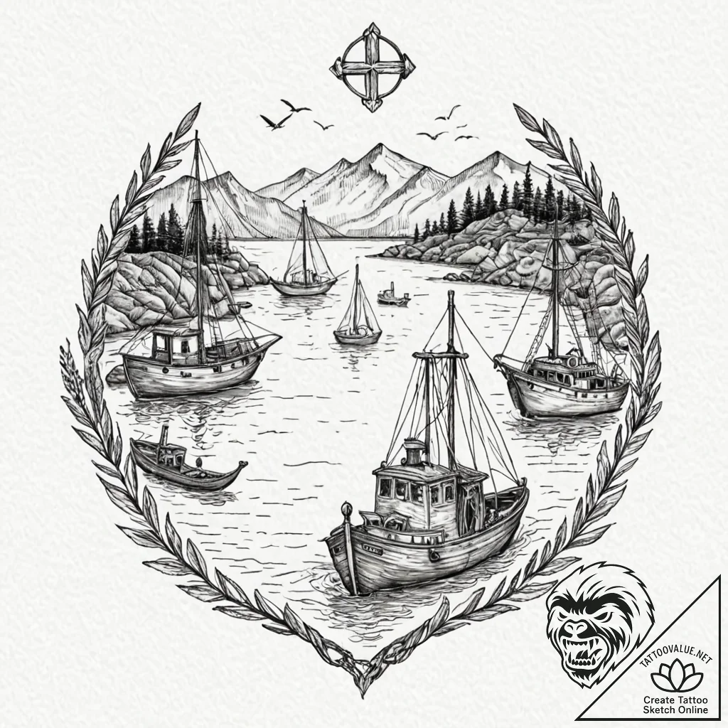 Harbor scene with boats at anchor, representi... - tattoo sketch (№1753553393_0, 26.07.2025 18:09) — tattoovalue.net
