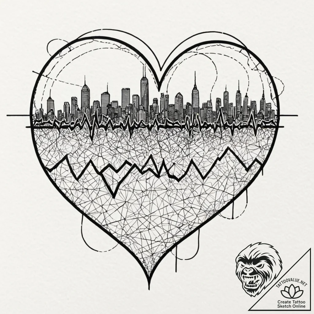Heart monitor ekg line morphing into a city s... - tattoo sketch (№1753553784_0, 26.07.2025 18:16) — tattoovalue.net