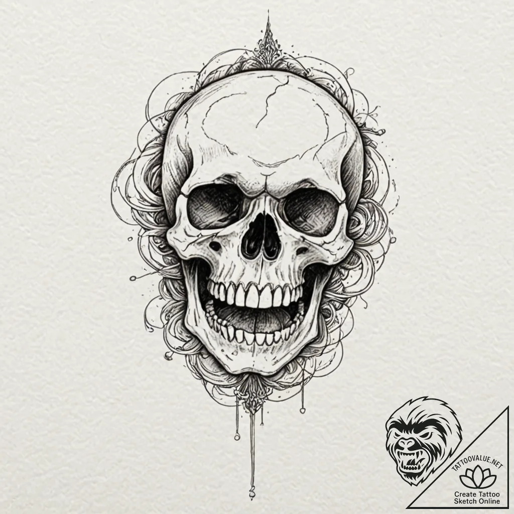 Animated skull laughing, tattoo line art, pro... - tattoo sketch (№1753555944_0, 26.07.2025 18:52) — tattoovalue.net